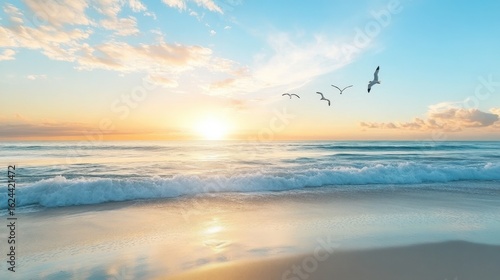 Serene sunset over tranquil ocean with seagulls flying