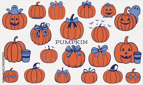 Collection of illustrated pumpkins with various expressions and decorations, including bows, ghosts, and bats, creates festive Halloween theme. playful design features mix of smiling faces