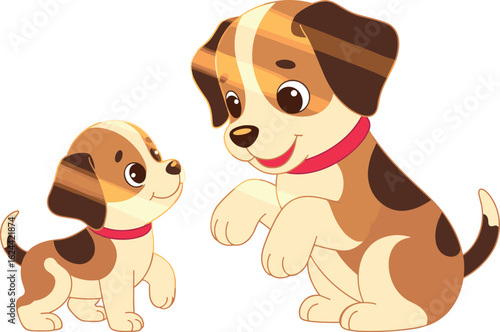 Cute cartoon puppies with red collars, adorable pet illustration, playful dog characters for children’s products, family bond, colorful artwork