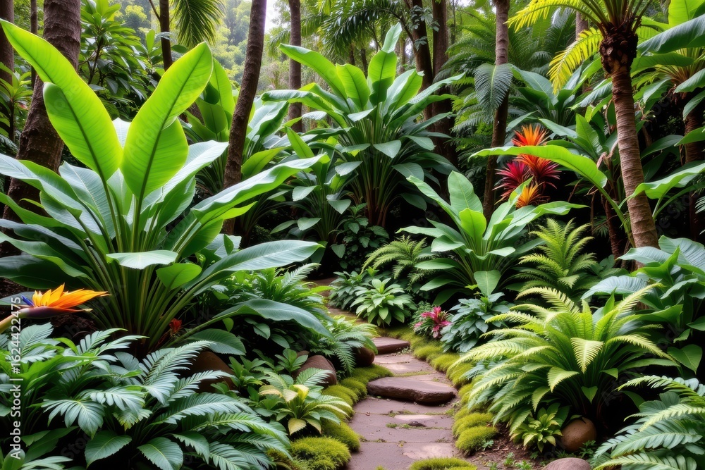 Fototapeta premium lush jungle garden with canopy trees banana plants and layered undergrowth built with ferns moss and wide leaf perennials no punctuation or unusual characters used