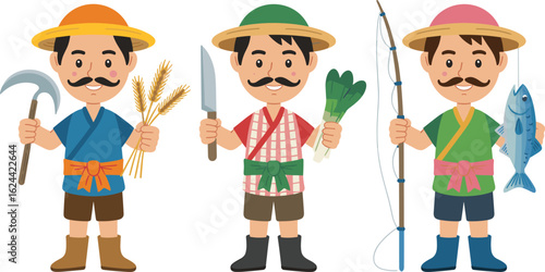 Traditional Asian farmers and fisherman with crops, fish, and tools, rural profession illustration, agricultural lifestyle artwork, cultural job representation