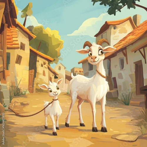 Illustration of goat walking with kid holding rope in a village adhaa, cartoon style --ar 1:1 --v 6.1 Job ID: ea770197-b544-4158-8ef6-dcf84bb0ade8