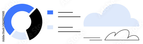 Pie chart with segments connected to a cloud via dynamic lines, representing data transfer and analysis. Ideal for technology, data sharing, cloud computing, analytics, IT solutions, innovation