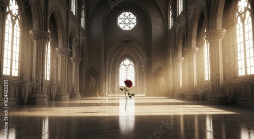 A single red rose stands in a grand gothic cathedral bathed in soft light streaming through stained glass windows