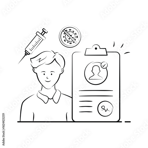 A simple illustration depicts a person with a vaccination record.