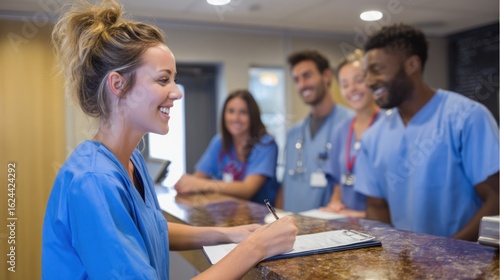 Nurse coordinating shift handover with medical team at nurse station