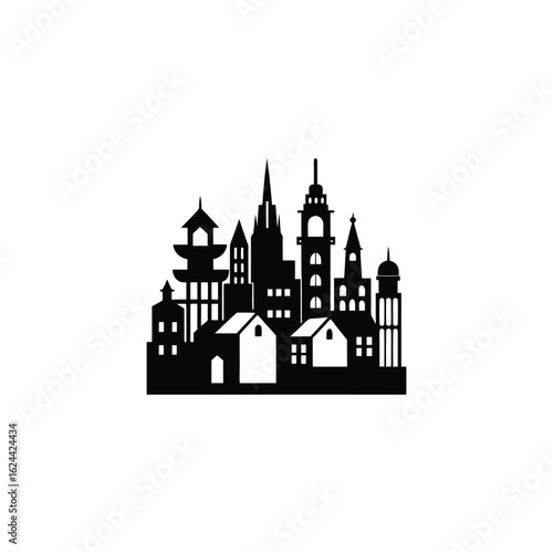 Wallpaper Mural A black and white silhouette of a city skyline featuring a mix of architectural styles, including a pagoda, church, and modern buildings. Torontodigital.ca