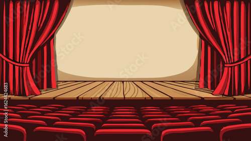 Cartoon illustration of an empty theater stage with red curtains and seats