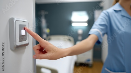 Nurse responding to patient call button in hospital room
