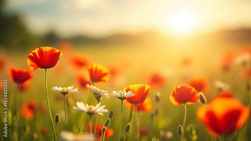 Naklejka premium Wildflowers Blooming in a Golden Sunset