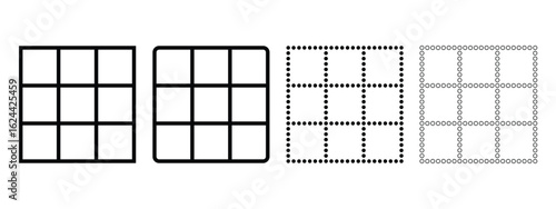 Set of Solid Line 3x3 Editable Square 9 Box Grid image with Dotted Line Grid image White Background Vector Illustration.