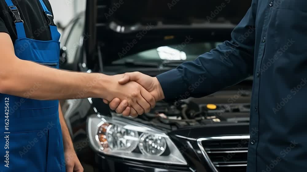 Mechanic and Customer Handshake in Auto Repair Shop Mechanic and Customer Handshake in Auto Repair Shop