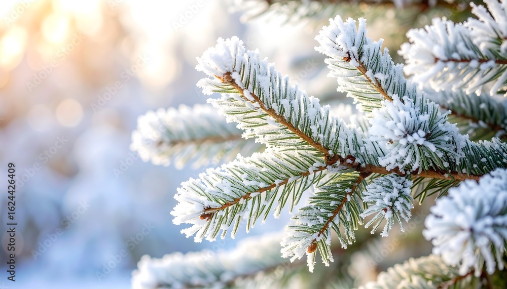 Frost-Covered Pine Branch Illuminated by Soft Sunlight in Winter Scene Frost-Covered Pine Branch Illuminated by Soft Sunlight in Winter Scene