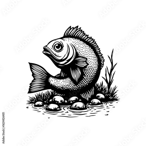 Detailed artistic monochromatic illustration showcasing a fish in its habitat with clear water and rocks artistic rendition