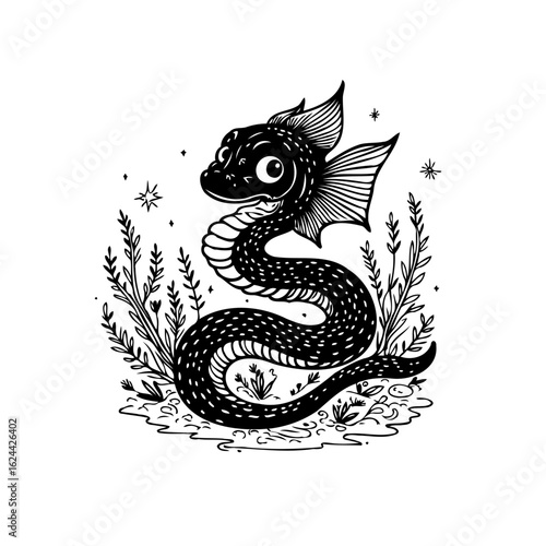Enchanting sea serpent illustration: A whimsical linework portrayal of a mythical creature in aquatic flora and fauna scene