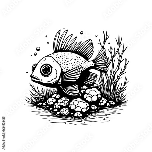 Whimsical underwater world an enchanting drawing of a cute fish amidst coral and aquatic plants in black and white