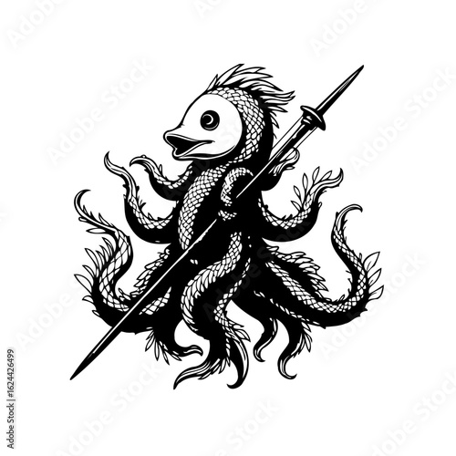 Monochrome vintage illustration of a hybrid creature combining fish octopus and a spear design element artwork