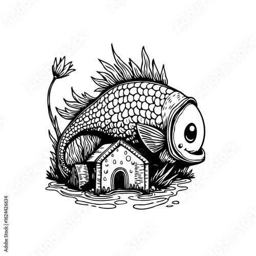 A whimsical fish creature with house illustration black and white line art featuring aquatic animals and architecture drawing