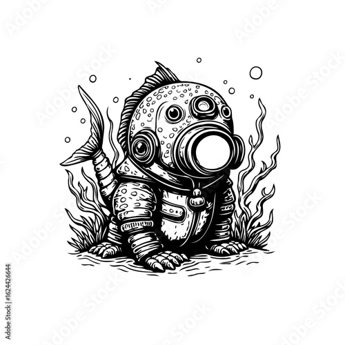 Underwater adventure a quirky fish character in a futuristic diving suit and sea vegetation drawing black and white