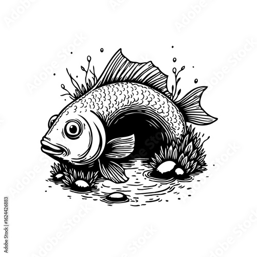 Hand drawn illustration of a fish, representing the aquatic ecosystem and underwater life, showcasing natural habitats