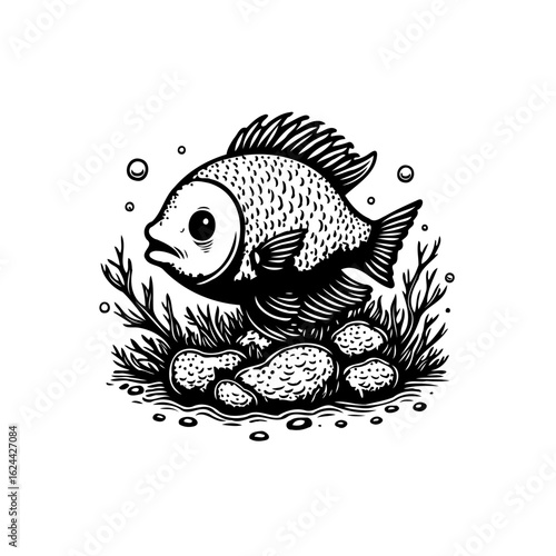 Detailed black and white illustration of a fish swimming near underwater plants and rocks evoking marine life