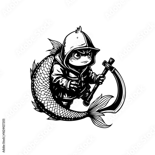 Stylized Grim Reaper Fishman Cartoon Character Illustration with Scythe in Hand Ready to Harvest Souls Under the Sea