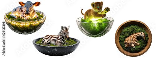 Collection of adorable wild animals, including a baby giraffe and a lion cub, resting in bowls