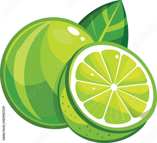 Fresh and juicy green lime and lemon slices with a vibrant leaf, isolated on a white background, embodying healthy citrus fruit