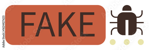 Red rectangle labeled FAKE alongside a simple bug icon with dotted lines. Ideal for misinformation, cybersecurity, hoax detection, digital scams, software bugs, online threats, simple flat metaphor