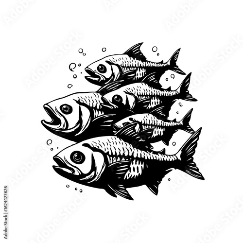 Monochrome illustration featuring a school of fish swimming upwards with detailed scales and fins depicting marine life