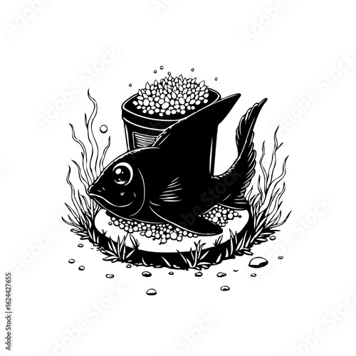 An endearing cartoon depiction of a fish relaxing near a full bucket of caviar on sea