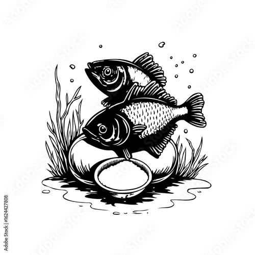 Detailed line art illustration showcasing two fish perched on a stone near aquatic plants
