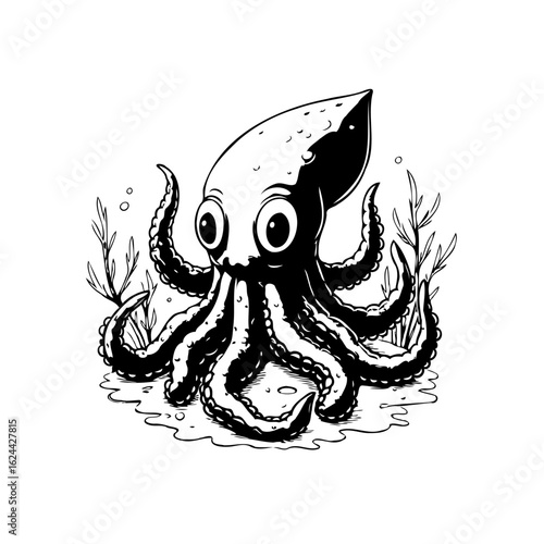 Cartoon octopus with big eyes illustration featuring underwater plants and whimsical details for children