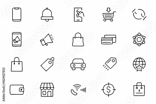 A clean and dynamic line art collection highlighting shopping convenience, secure transactions, and fast delivery. Great for retail apps, marketplace websites, and social media campaigns.