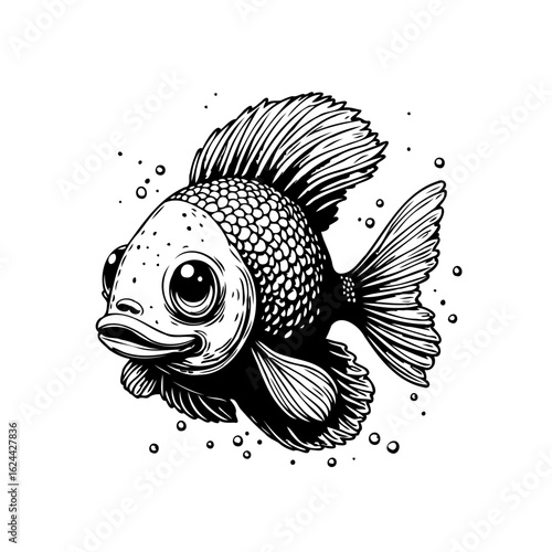 Detailed line art illustration showcasing a cute cartoon fish design isolated on a white background