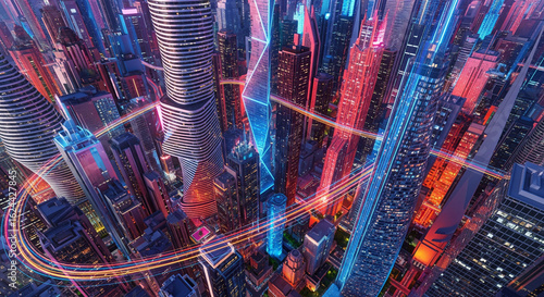 Futuristic city with data tornado vortex and digital grid