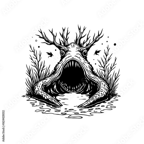 Illustrative depiction of a fearsome swamp monster emerging from a murky water body in black and white drawing