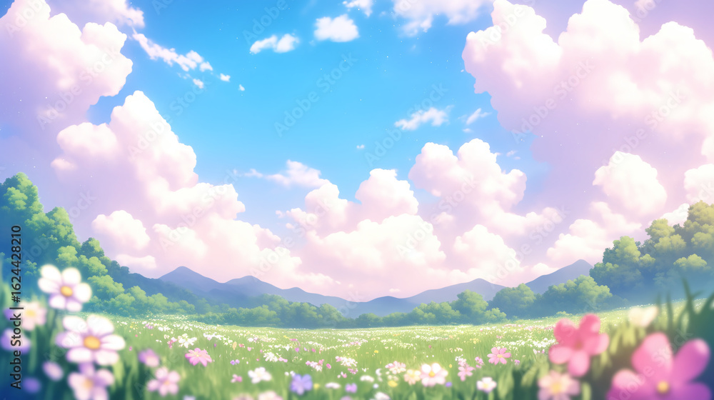 Fototapeta premium A Serene Meadow of Blossoming Flowers Under a Brilliant Blue Sky with Fluffy Clouds in a Picturesque Landscape — Nature's Beauty Captured in a Tranquil Scene