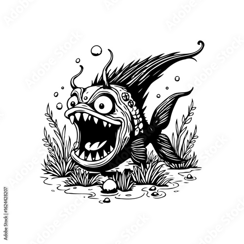 A whimsical and exaggerated illustration featuring a cartoon fish with prominent teeth and aquatic vegetation artwork