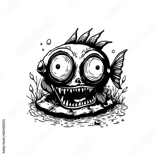 Whimsical aquatic creature with oversized eyes and sharp teeth in a black and white illustration