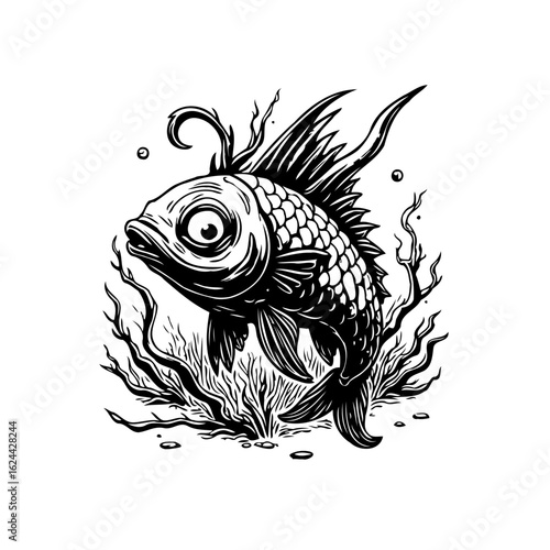 Whimsical underwater world: black and white illustration of a stylized fish swimming happily surrounded by seaweed