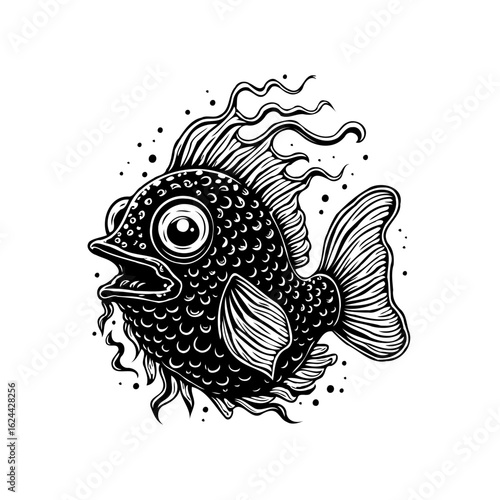 Black and white illustration of a cartoon fish with exaggerated features creating a whimsical design