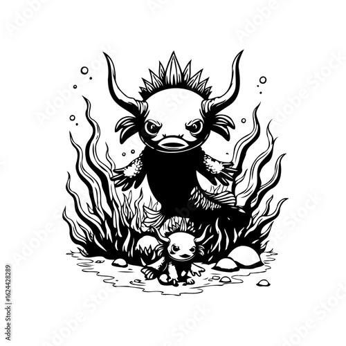 Detailed black and white illustration of mythical creatures in the seaweed fantasy world drawing