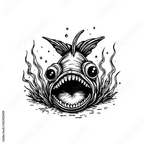 Anglerfish illustration with sharp teeth and bulging eyes in black and white for halloween poster