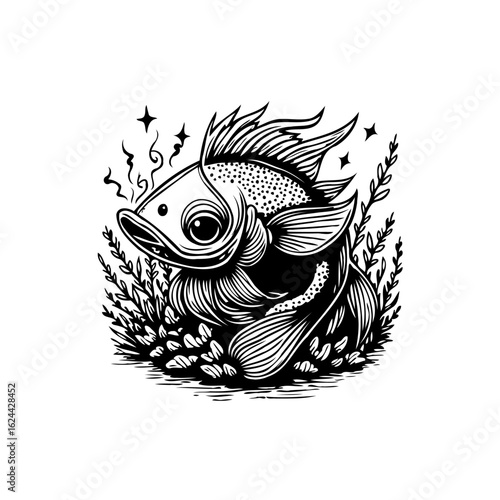 Elegant black and white goldfish illustration swimming serenely among aquatic plants and twinkling stars with unique charm