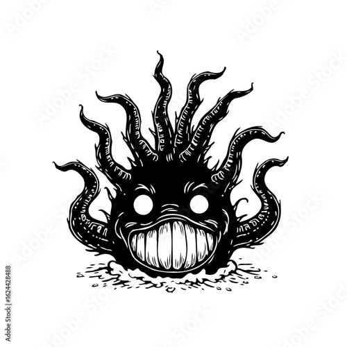 Cartoon depiction of a whimsical monster with tentacles and an exaggerated smile illustration isolated on white background a playful design