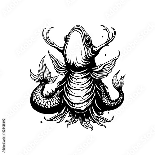 Mystical aquatic beast illustration displaying a fusion of fish elements and surreal fantasy design with detailed linework