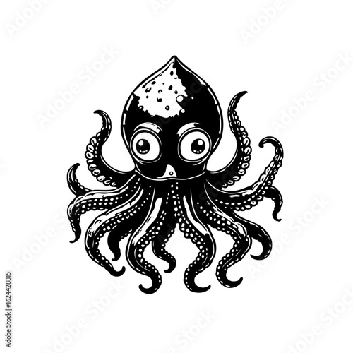 Monochrome illustration featuring a stylized octopus with intricate tentacles creating a visually appealing underwater creature image