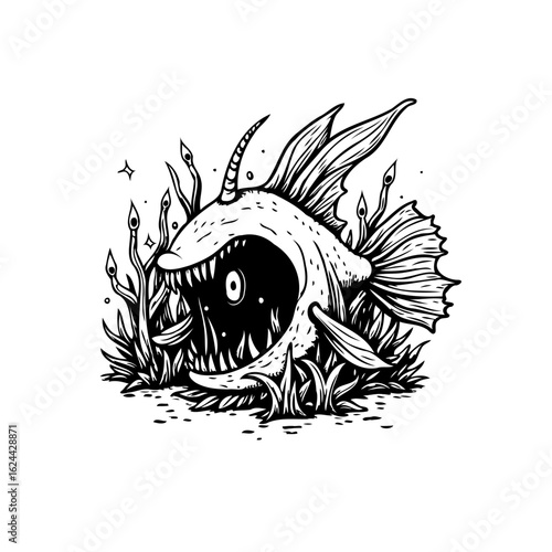 Scary cartoon fish with sharp teeth and horn emerging from dark seaweed illustration depicting deep sea fantasy