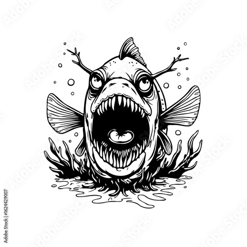 Disturbing deep sea fish illustration with human like teeth concept vector artwork featuring creepy details and an ominous expression